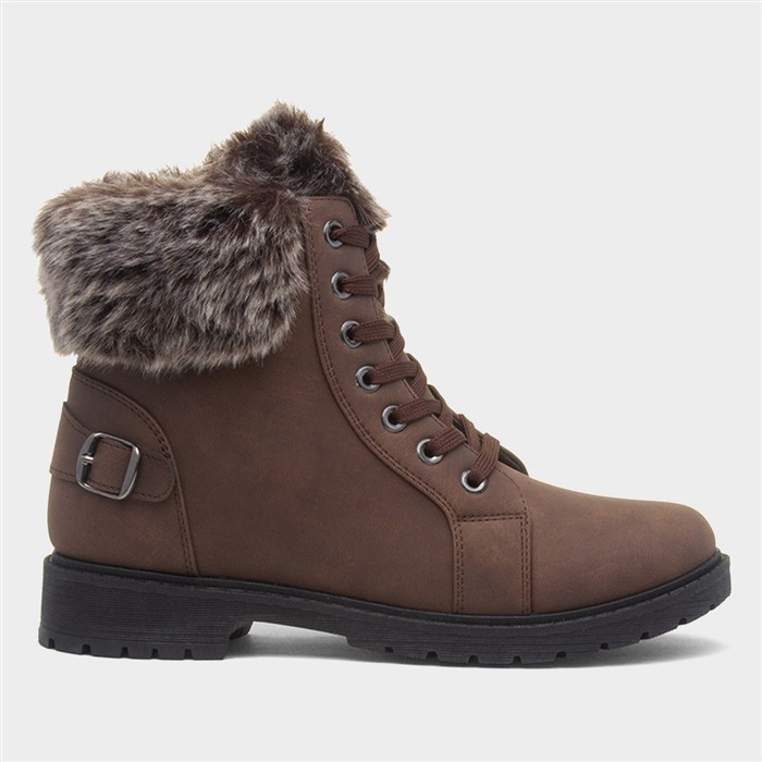 Womens Brown Faux Fur Lace Up Ankle Boot
