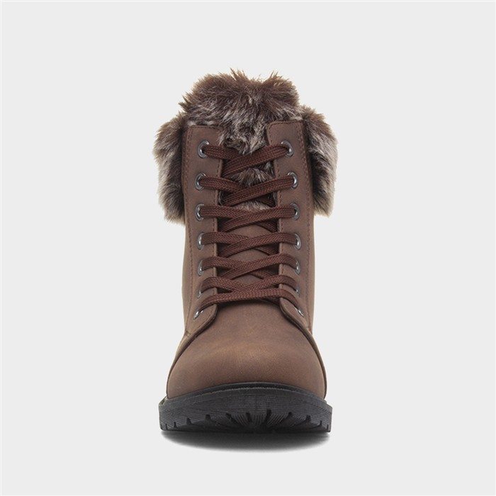 Womens Brown Faux Fur Lace Up Ankle Boot