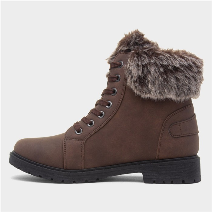 Womens Brown Faux Fur Lace Up Ankle Boot