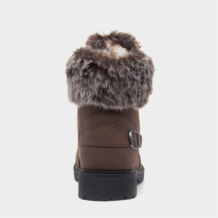 Womens Brown Faux Fur Lace Up Ankle Boot