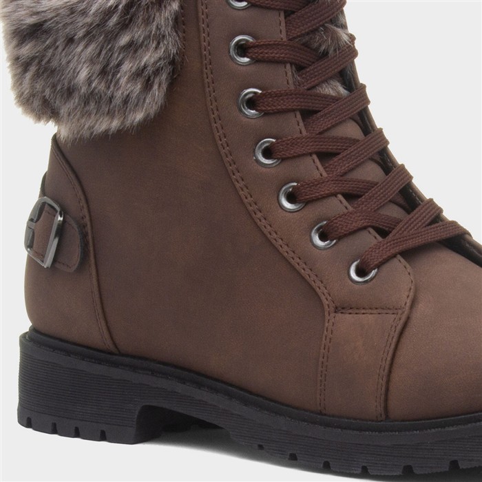 Womens Brown Faux Fur Lace Up Ankle Boot