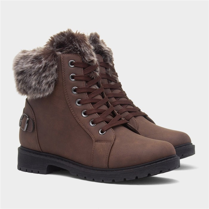 Womens Brown Faux Fur Lace Up Ankle Boot
