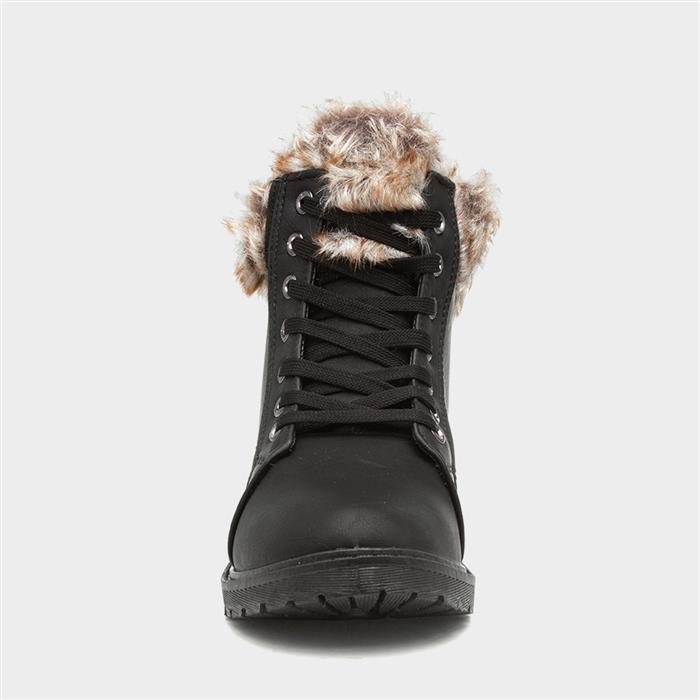 Womens Black Faux Fur Lace Up Ankle Boot