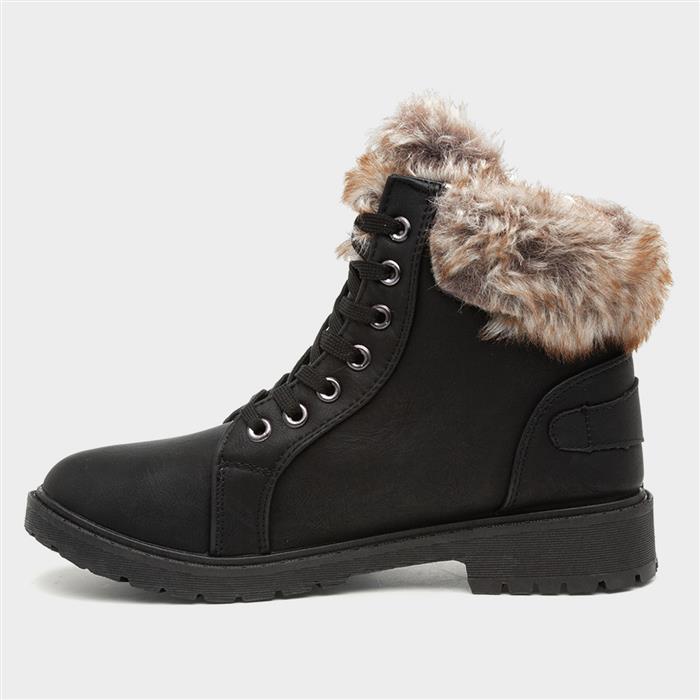 Womens Black Faux Fur Lace Up Ankle Boot