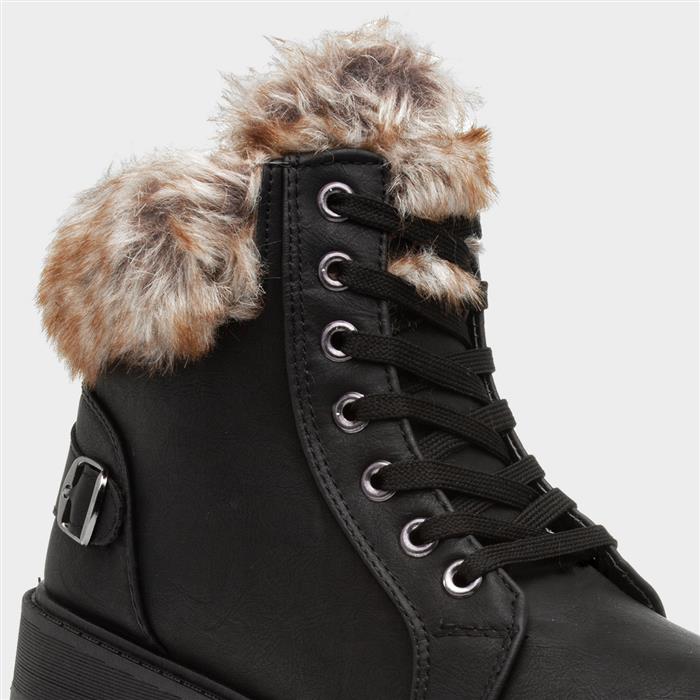 Womens Black Faux Fur Lace Up Ankle Boot