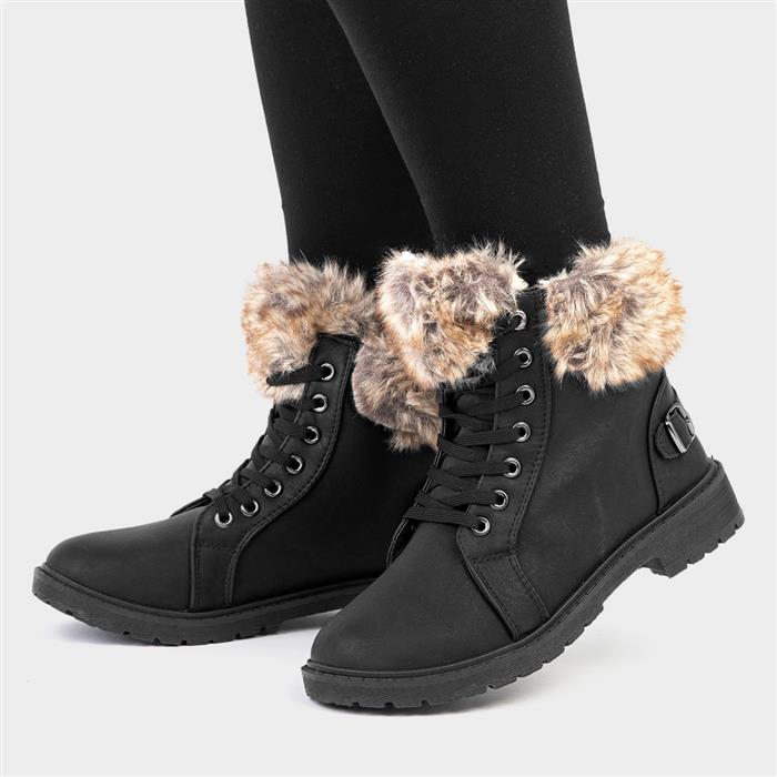 Womens Black Faux Fur Lace Up Ankle Boot