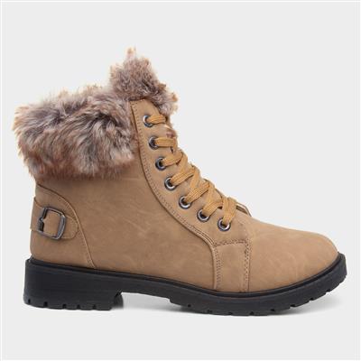 Womens Tan Fur Lace Up Boot