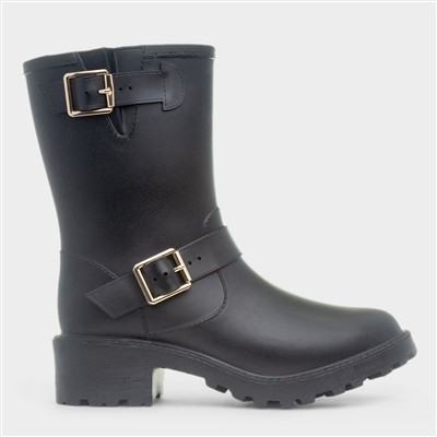 Womens Black Calf Buckle Pull On Boot