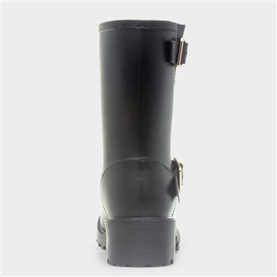 Womens Black Calf Buckle Pull On Boot