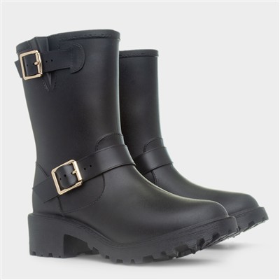 Womens Black Calf Buckle Pull On Boot