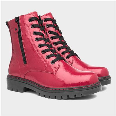 Bev Womens Red Shiny Lace Up Boot