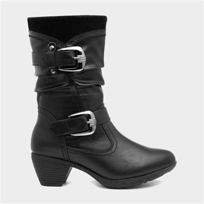 Womens Black Heeled Calf Boot with Buckles