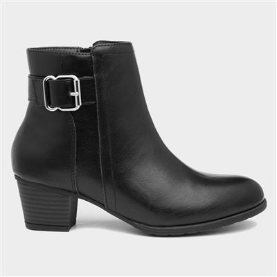 Womens Black Buckled Heeled Ankle Boot
