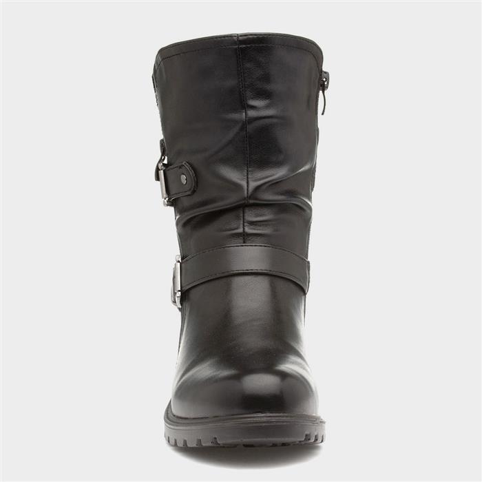 Womens Black Block Heel Buckle Calf Boot