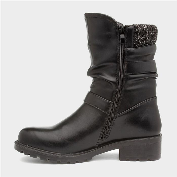 Womens Black Block Heel Buckle Calf Boot