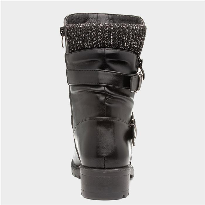 Womens Black Block Heel Buckle Calf Boot