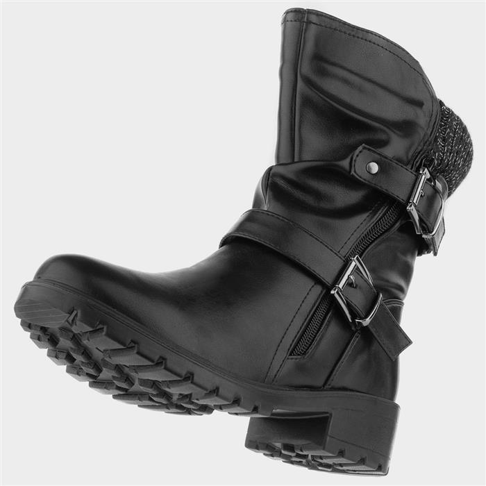 Womens Black Block Heel Buckle Calf Boot