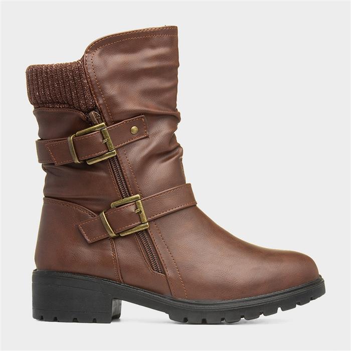 Womens Brown Block Heel Buckle Calf Boot