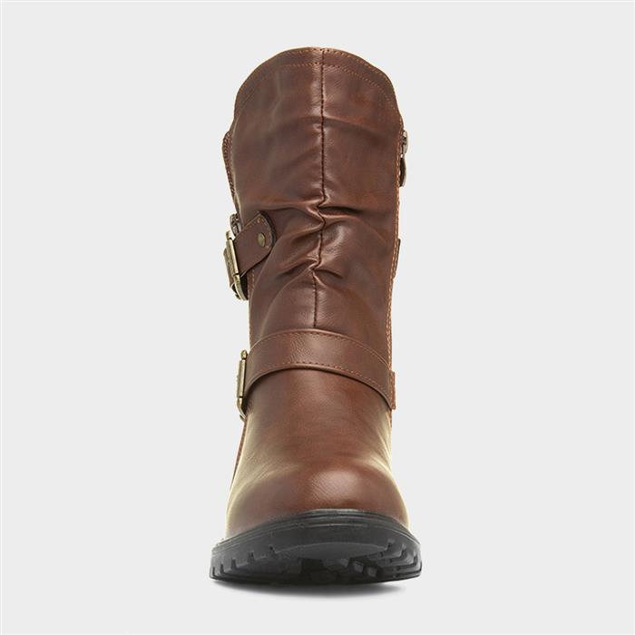Womens Brown Block Heel Buckle Calf Boot
