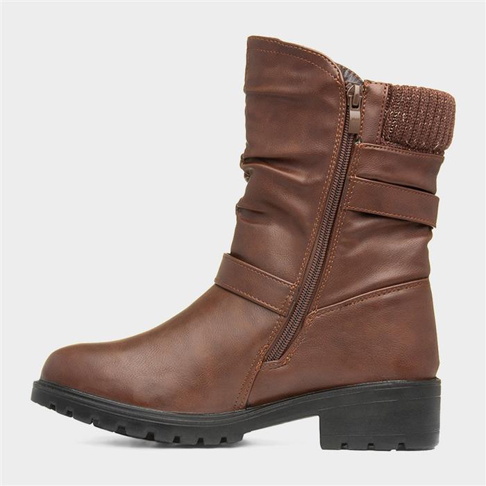 Womens Brown Block Heel Buckle Calf Boot