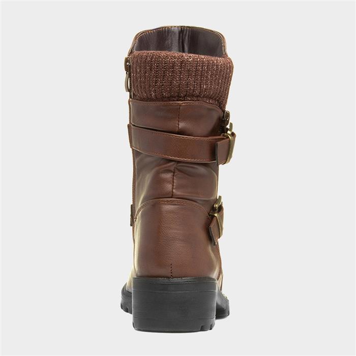 Womens Brown Block Heel Buckle Calf Boot