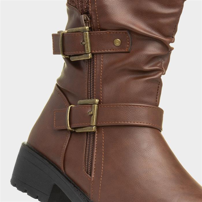 Womens Brown Block Heel Buckle Calf Boot
