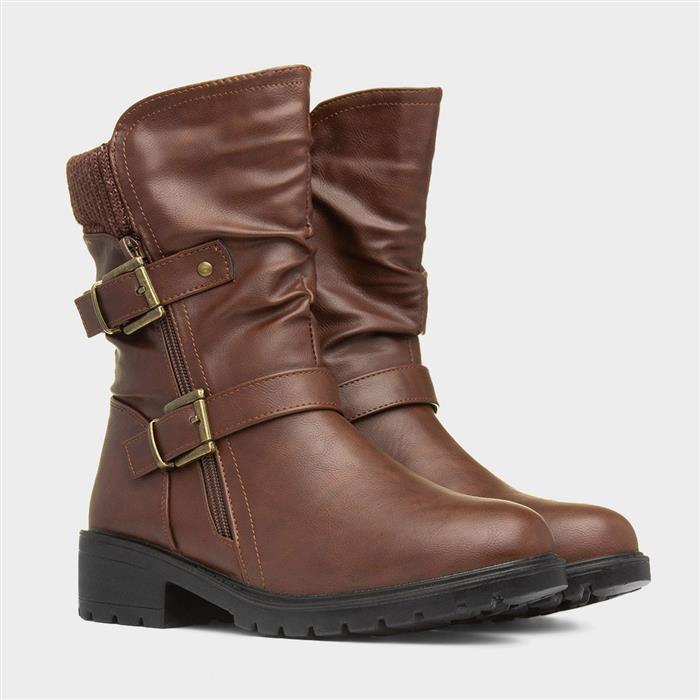 Womens Brown Block Heel Buckle Calf Boot