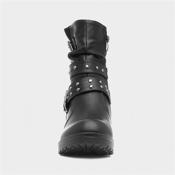 Womens Black Studded Block Heel Calf Boot