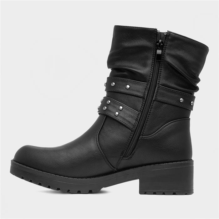 Womens Black Studded Block Heel Calf Boot