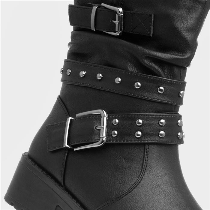 Womens Black Studded Block Heel Calf Boot