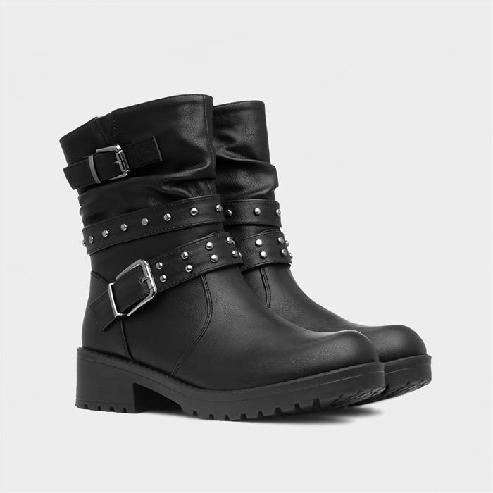 Womens Black Studded Block Heel Calf Boot