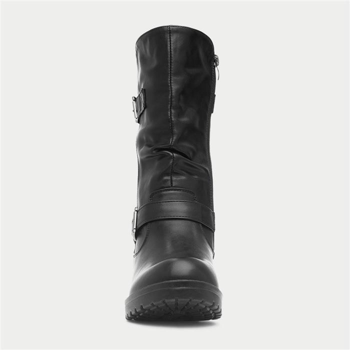 Womens Black Block Heel Buckled Calf Boot
