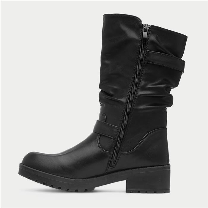Womens Black Block Heel Buckled Calf Boot
