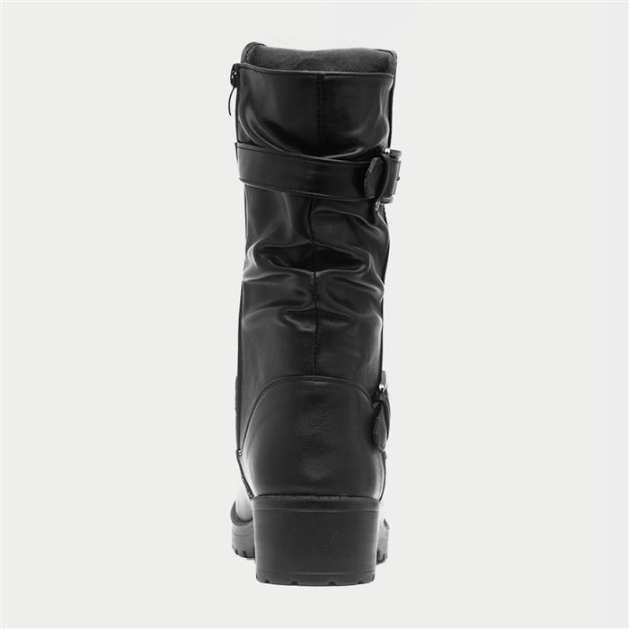 Womens Black Block Heel Buckled Calf Boot