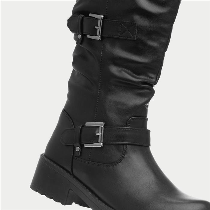 Womens Black Block Heel Buckled Calf Boot