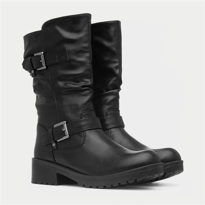 Womens Black Block Heel Buckled Calf Boot