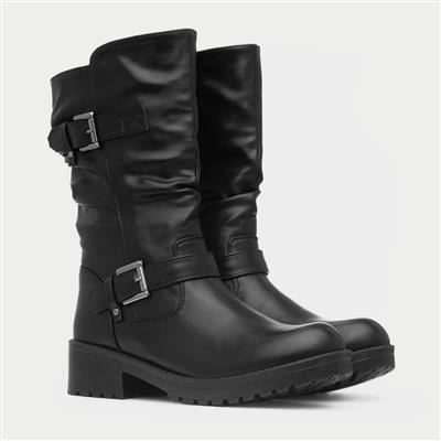 Womens Black Buckled Calf Boot