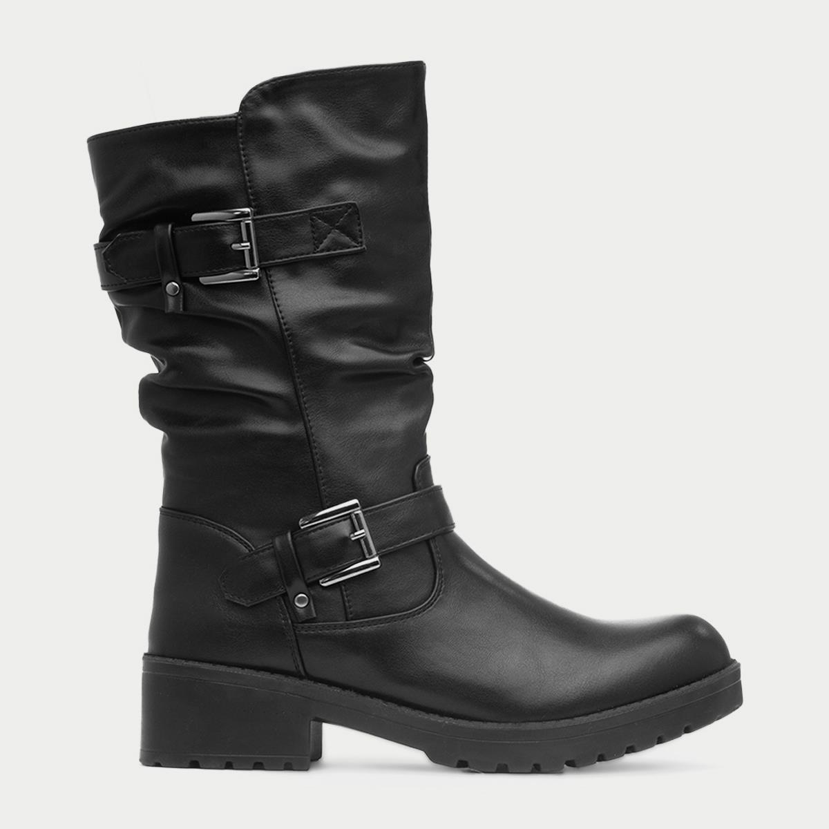 Womens Black Buckled Calf Boot