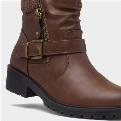 Womens Brown Knitted Collar Ankle Boot