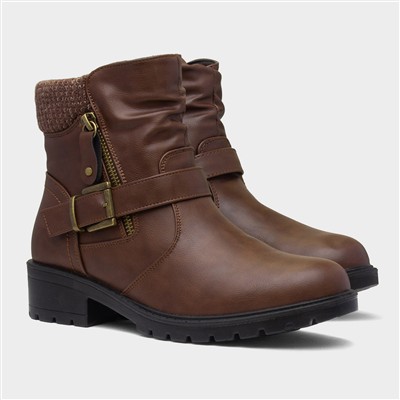 Womens Brown Knitted Collar Ankle Boot