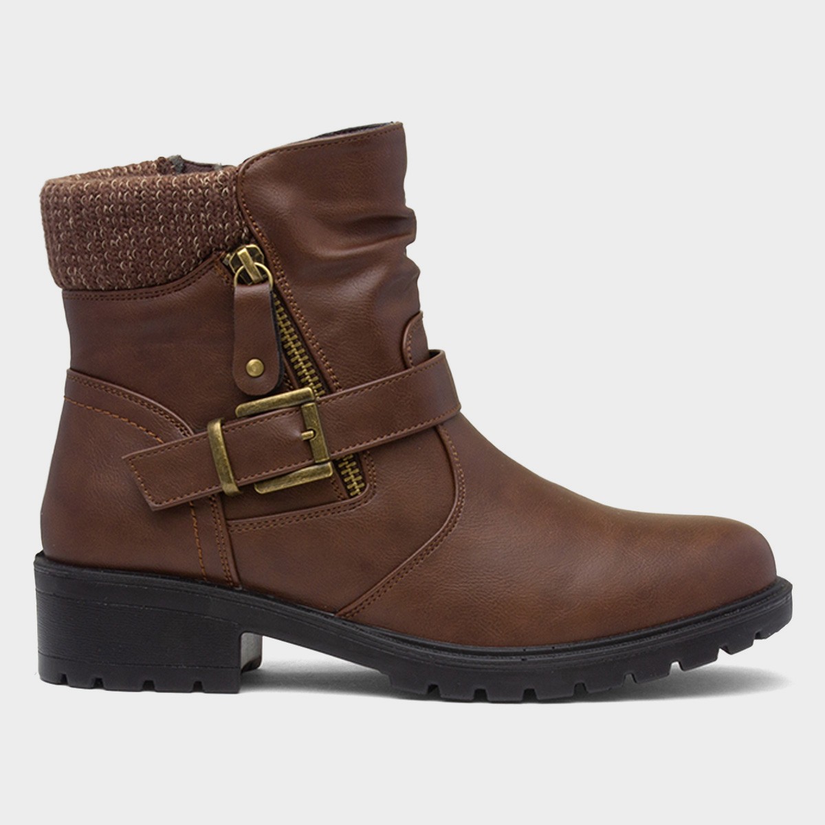 Womens Brown Knitted Collar Ankle Boot