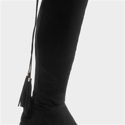 Maci Womens Black Knee High Tassel Boots
