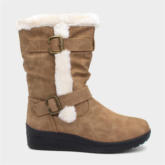 Womens Tan Faux Fur Buckle Calf Boot