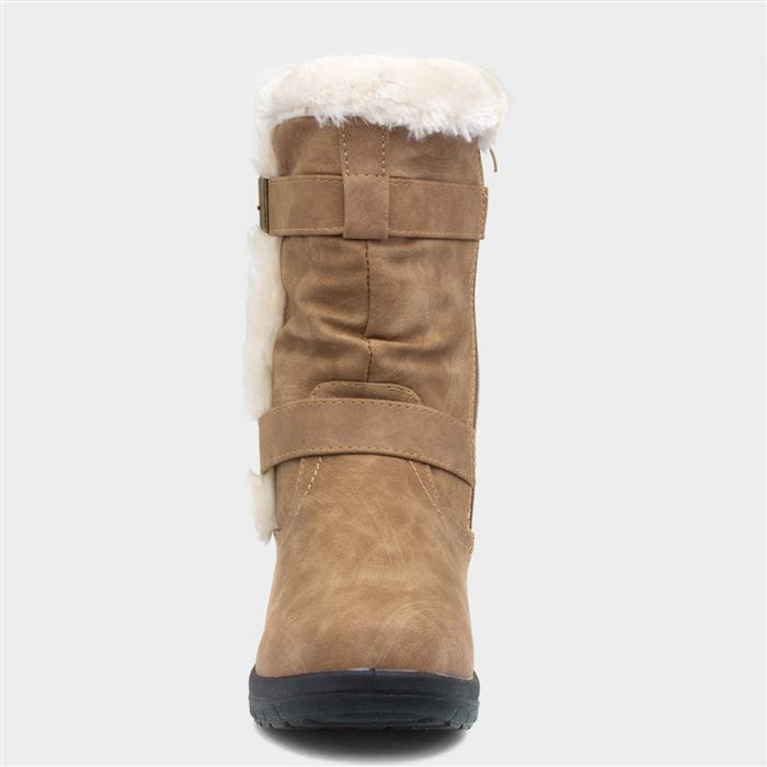 Womens Tan Faux Fur Buckle Calf Boot