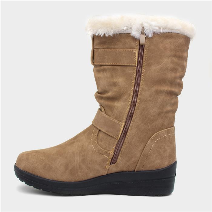 Womens Tan Faux Fur Buckle Calf Boot