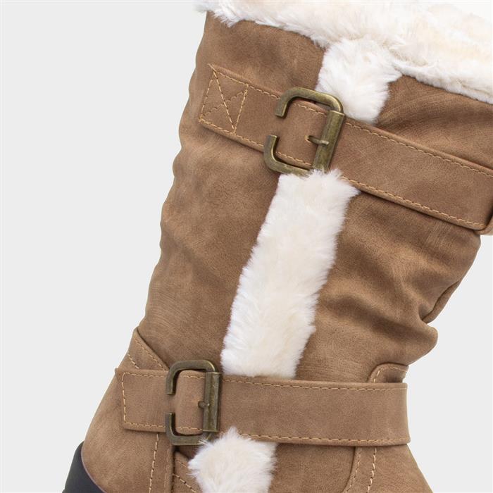 Womens Tan Faux Fur Buckle Calf Boot