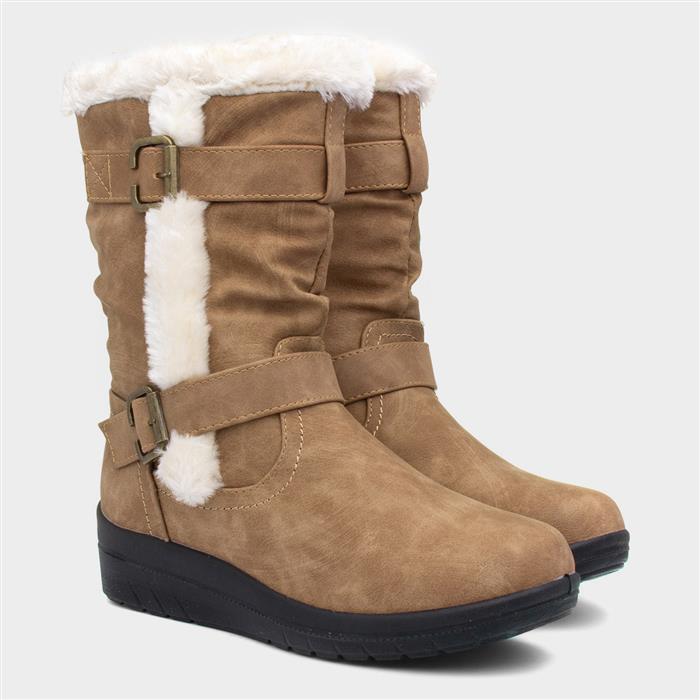 Womens Tan Faux Fur Buckle Calf Boot