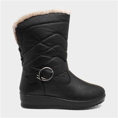 Womens Black Quilted Pull On Calf Boot