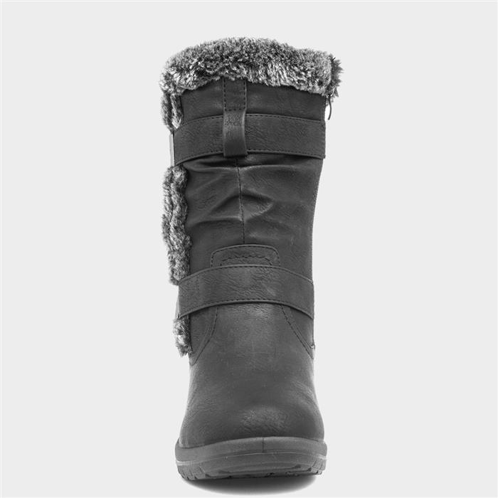 Womens Black Faux Fur Buckle Calf Boot