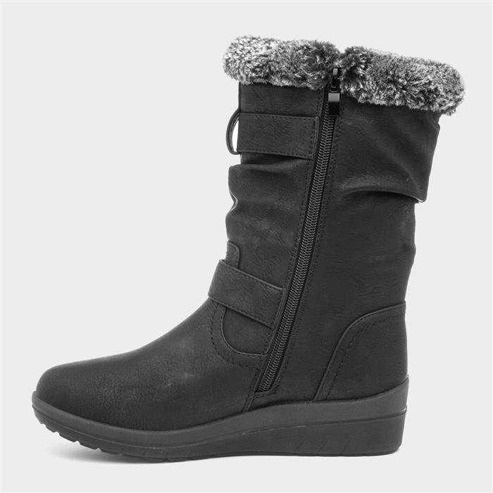Womens Black Faux Fur Buckle Calf Boot
